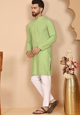 Green Embroidered Viscose Kurta Set For Men