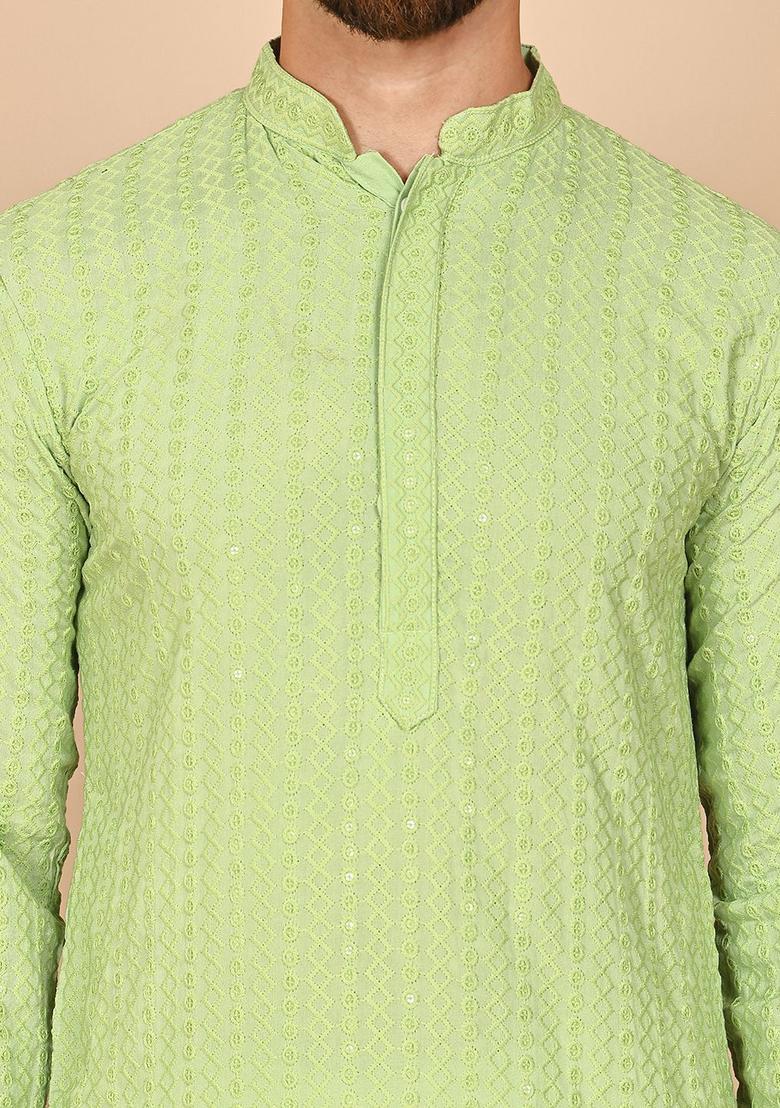 Green Embroidered Viscose Kurta Set For Men - Indya