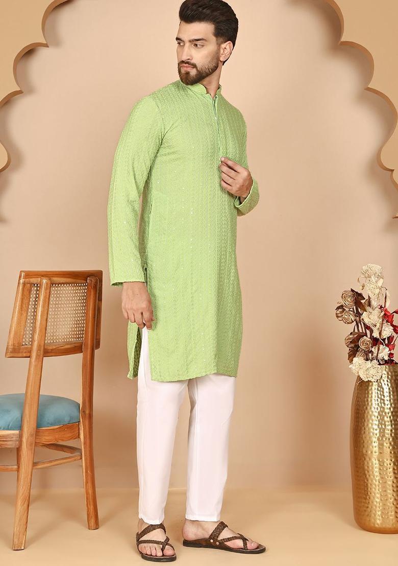 Green Embroidered Viscose Kurta Set For Men - Indya