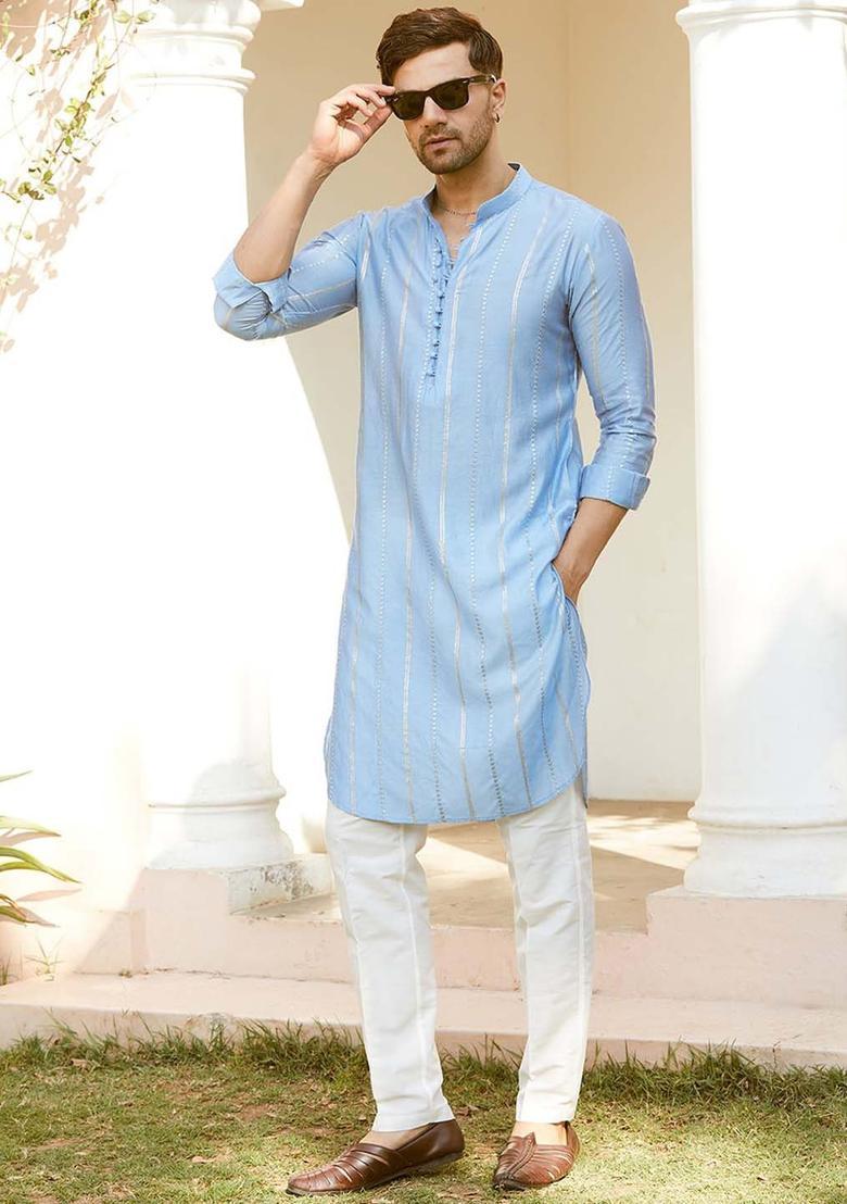 Turquoise Blue Striped Cotton Kurta Set For Men - Indya
