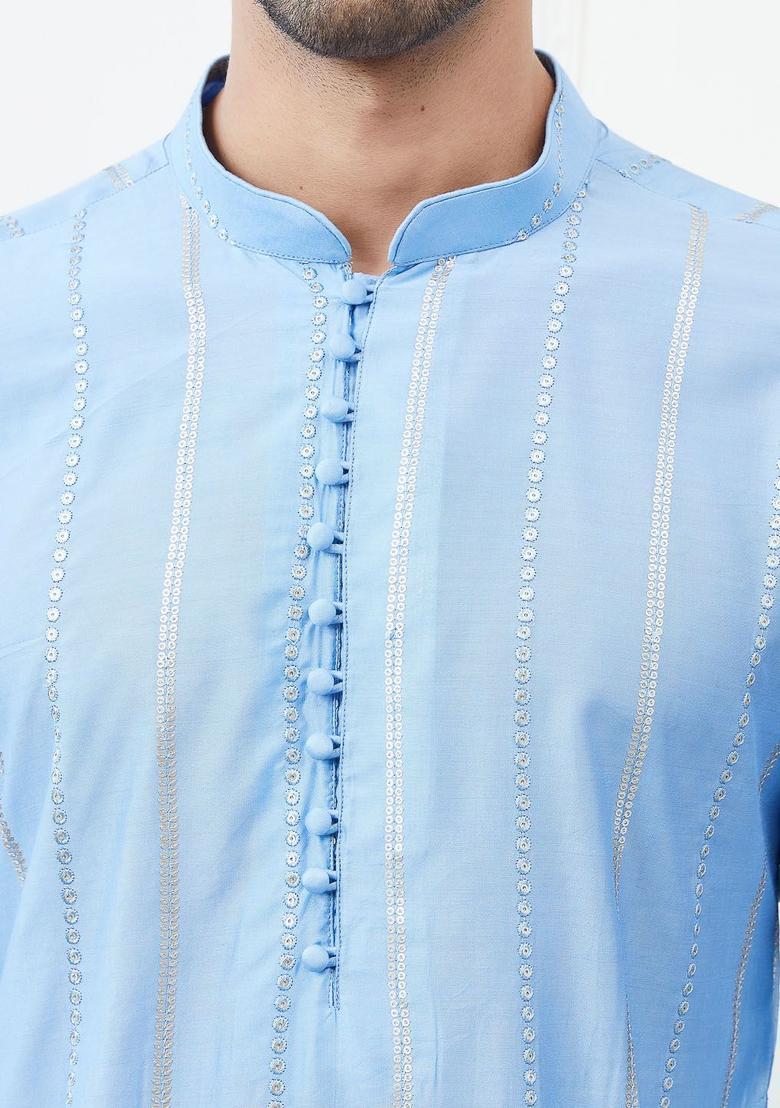 Turquoise Blue Striped Cotton Kurta Set For Men - Indya