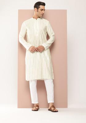 Off White Embroidered Silk Kurta Set For Men