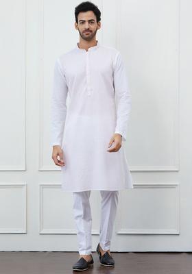 White Woven Design Cotton Kurta Set For Men