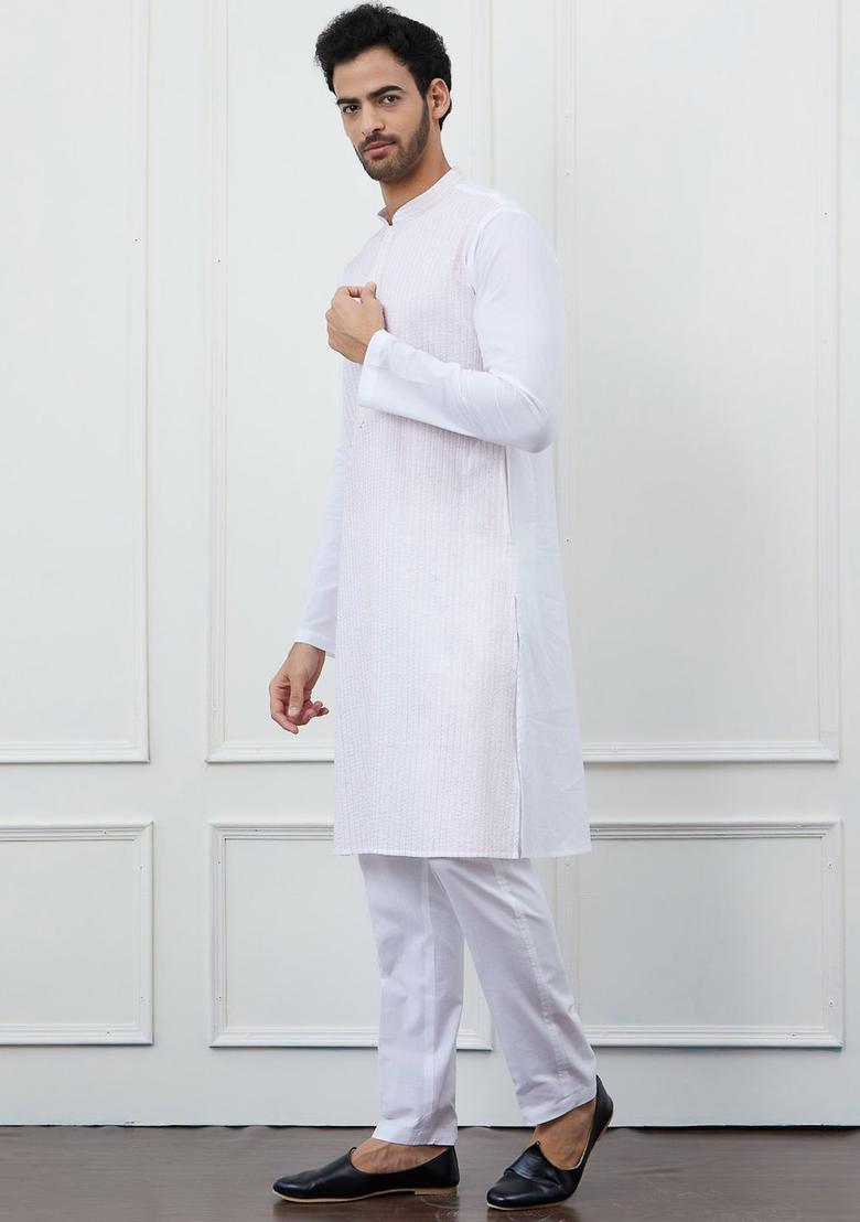White Woven Design Cotton Kurta Set For Men - Indya