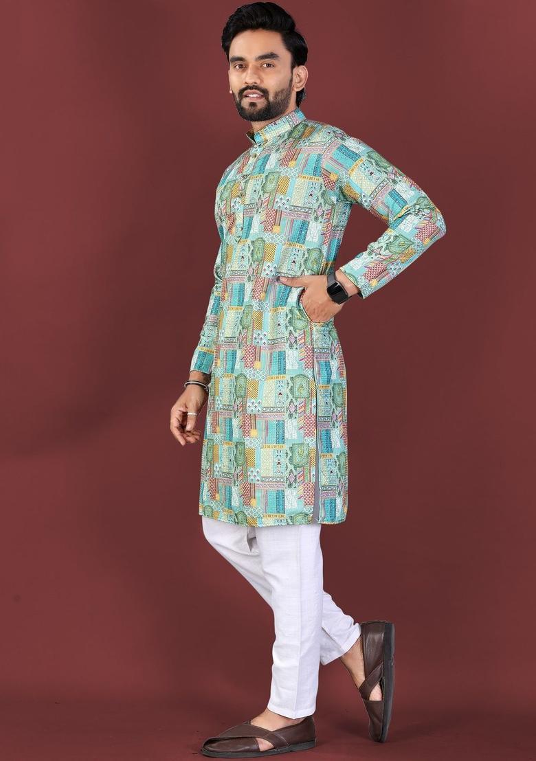 Green Printed Viscose Kurta Set For Men - Indya