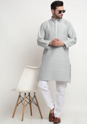 Grey Striped Cotton Kurta Set For Men