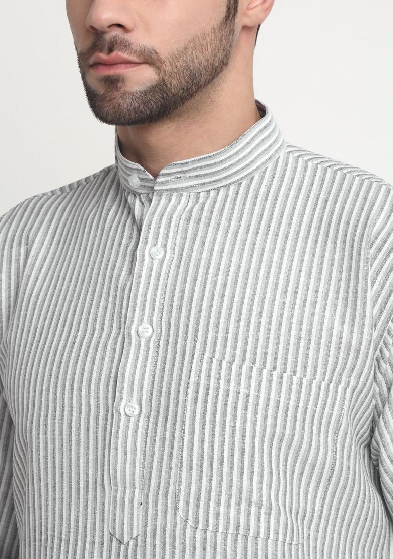 Grey Striped Cotton Kurta Set For Men - Indya