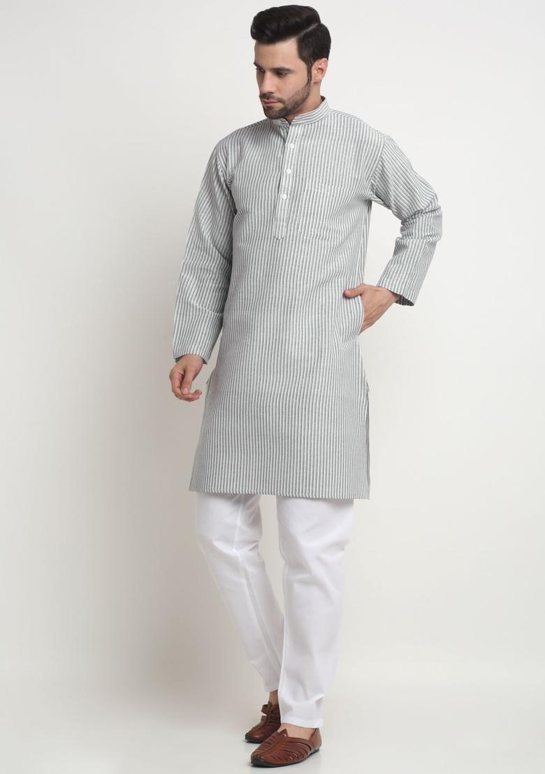 Grey Striped Cotton Kurta Set For Men - Indya