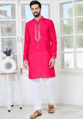 Pink Woven Design Cotton Kurta Set For Men