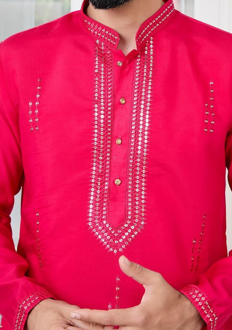 Pink Woven Design Cotton Kurta Set For Men - Indya