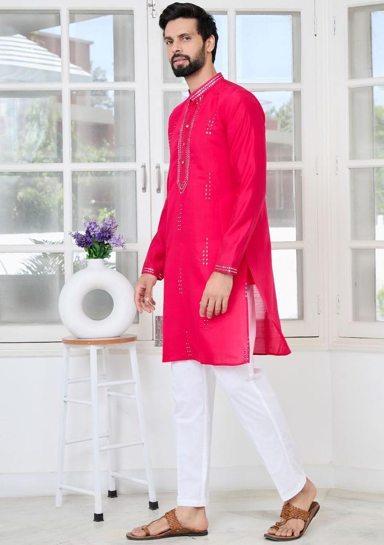 Pink Woven Design Cotton Kurta Set For Men - Indya