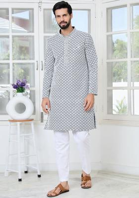 Grey Embroidered Viscose Kurta Set For Men