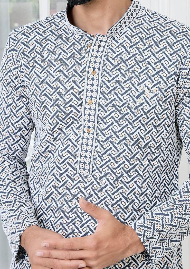 Grey Embroidered Viscose Kurta Set For Men - Indya