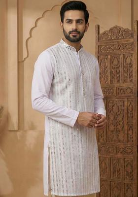 Off White Embroidered Silk Kurta Set For Men