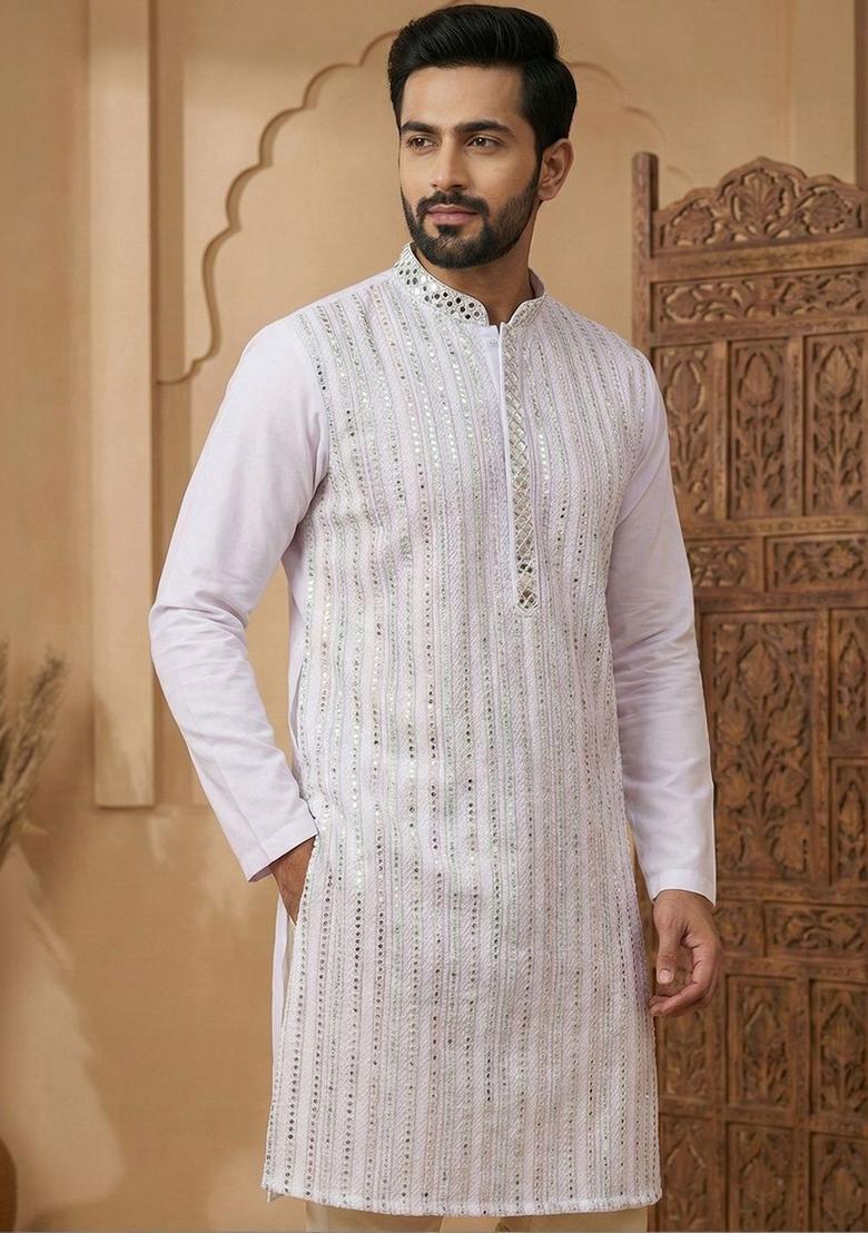Off White Embroidered Silk Kurta Set For Men - Indya
