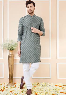 Grey Woven Design Silk Kurta Set For Men