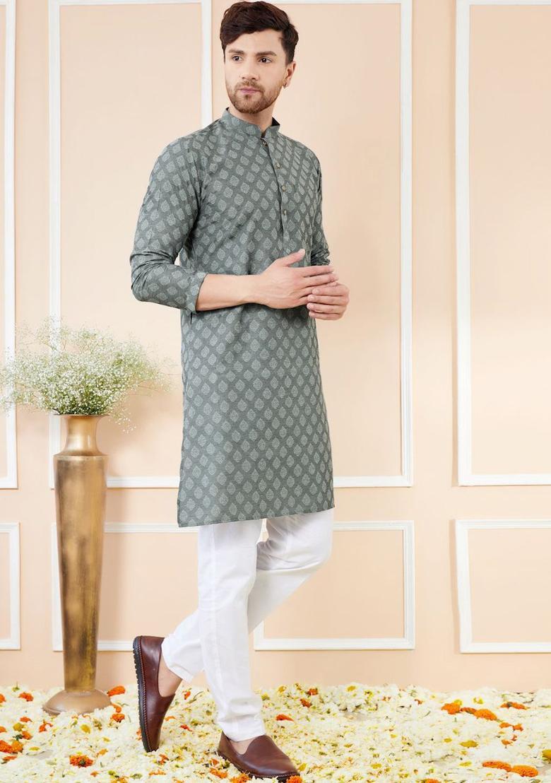 Grey Woven Design Silk Kurta Set For Men - Indya