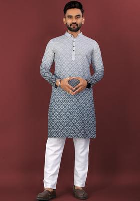 Grey Printed Viscose Kurta Set For Men