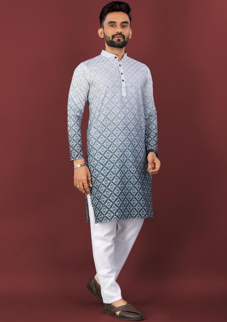 Grey Printed Viscose Kurta Set For Men - Indya