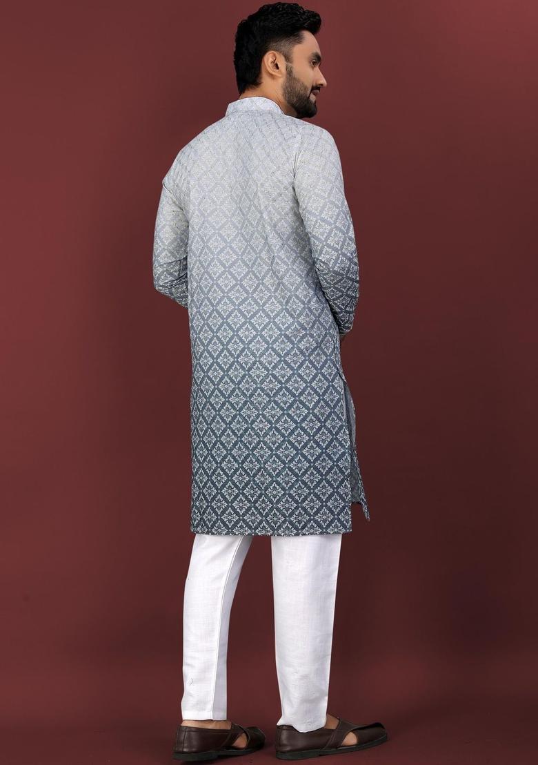 Grey Printed Viscose Kurta Set For Men - Indya