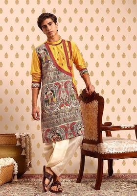 Yellow Printed Polyester Kurta Set For Men