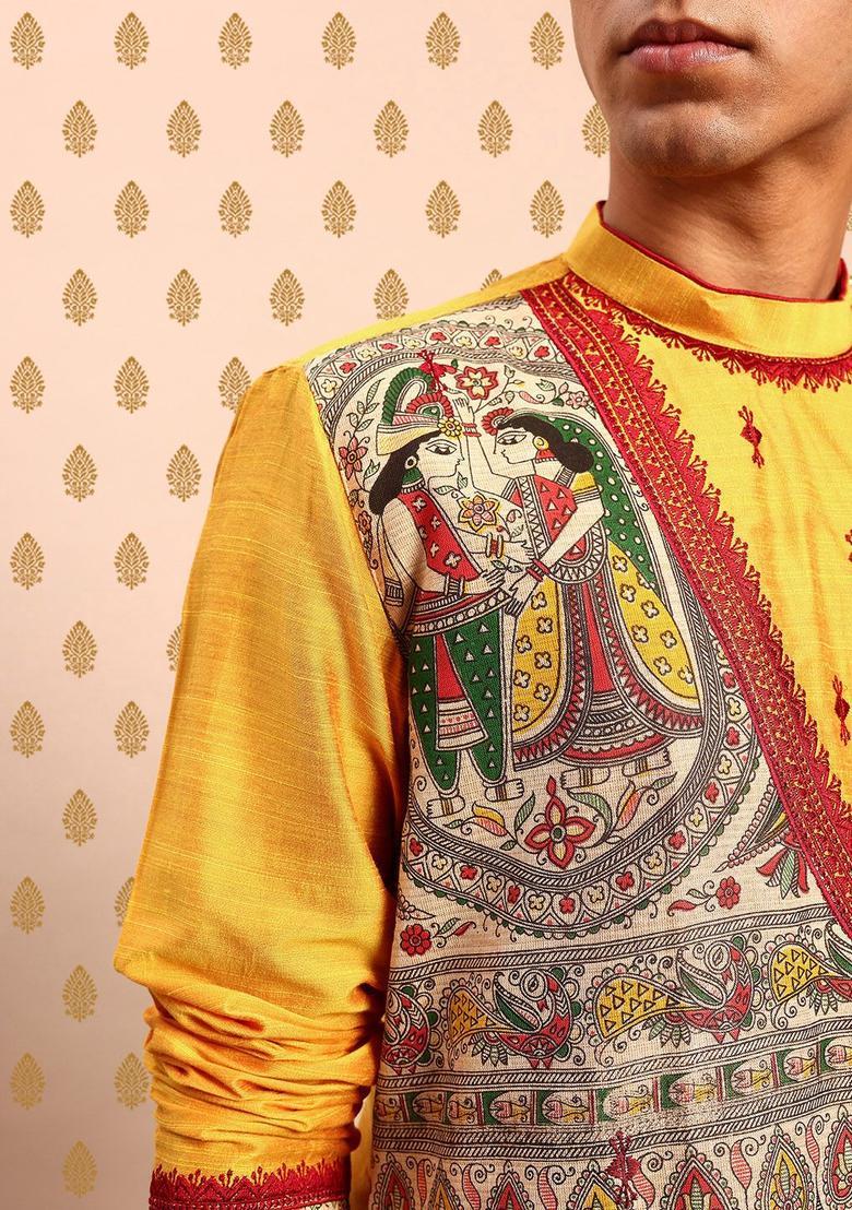 Yellow Printed Polyester Kurta Set For Men - Indya