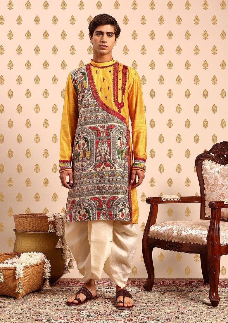 Yellow Printed Polyester Kurta Set For Men - Indya