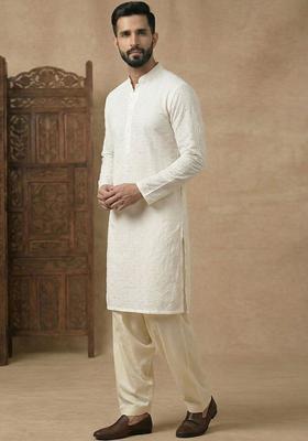 Off White Embroidered Cotton Kurta Set For Men