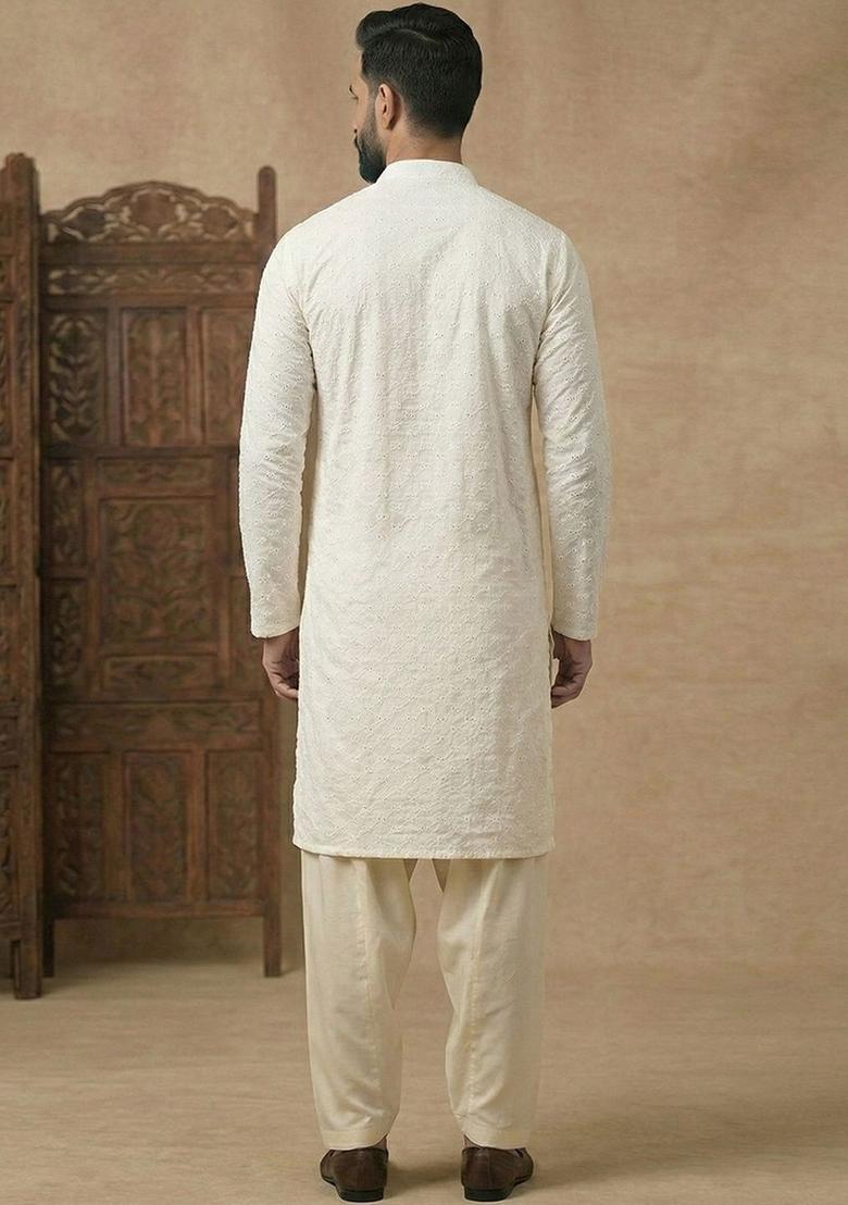 Off White Embroidered Cotton Kurta Set For Men - Indya