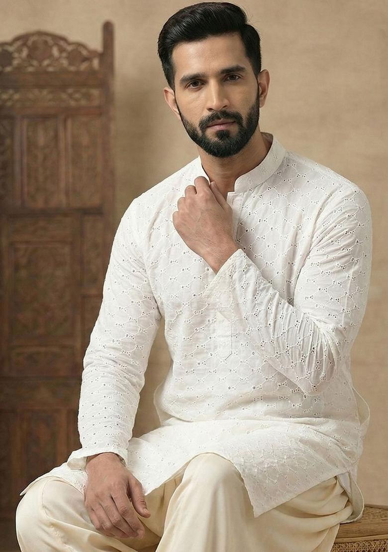 Off White Embroidered Cotton Kurta Set For Men - Indya