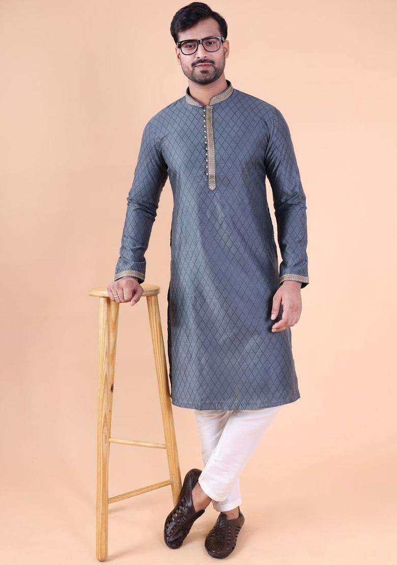 Grey Woven Design Silk Blend Kurta Set For Men - Indya