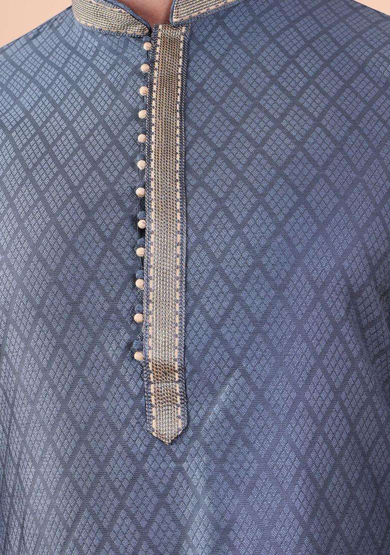 Grey Woven Design Silk Blend Kurta Set For Men - Indya