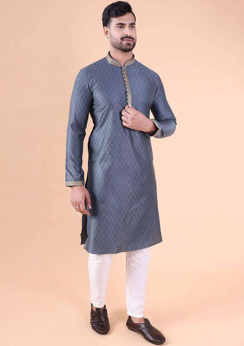 Grey Woven Design Silk Blend Kurta Set For Men - Indya
