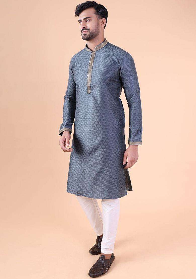 Grey Woven Design Silk Blend Kurta Set For Men - Indya