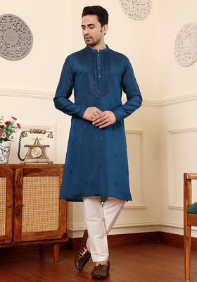 Teal Embroidered Silk Kurta Set For Men