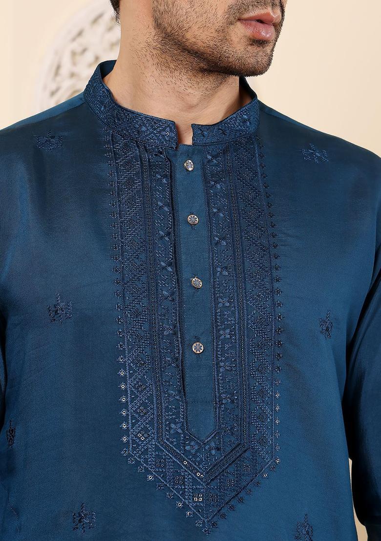 Teal Embroidered Silk Kurta Set For Men - Indya