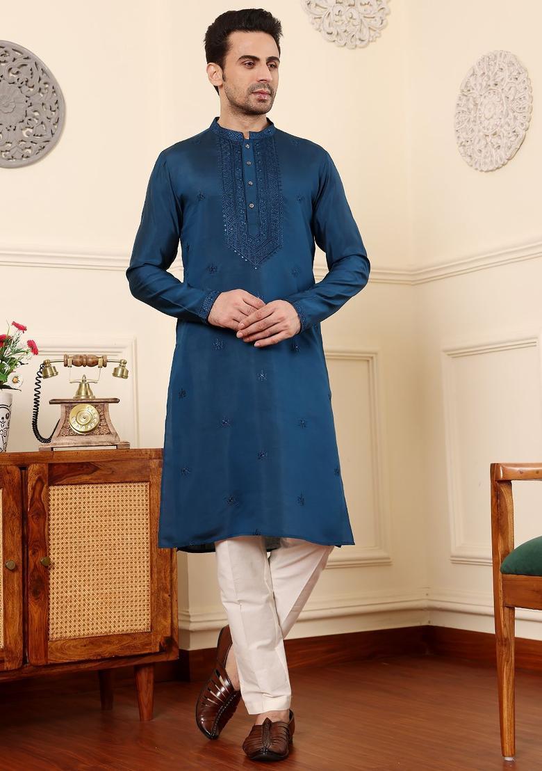 Teal Embroidered Silk Kurta Set For Men - Indya