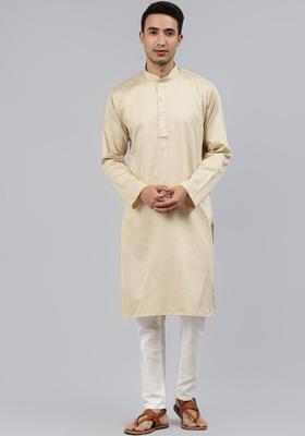 Beige Solid Cotton Kurta Set For Men