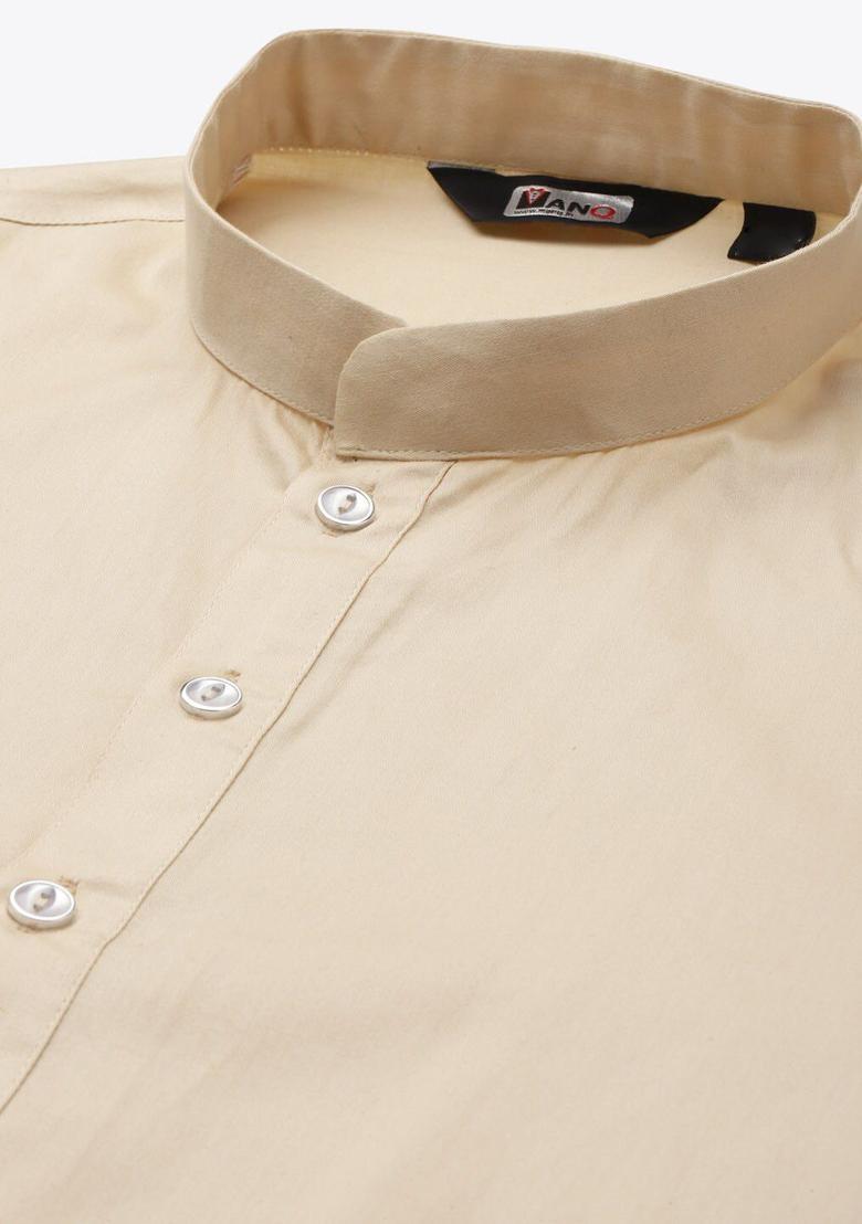 Beige Solid Cotton Kurta Set For Men - Indya