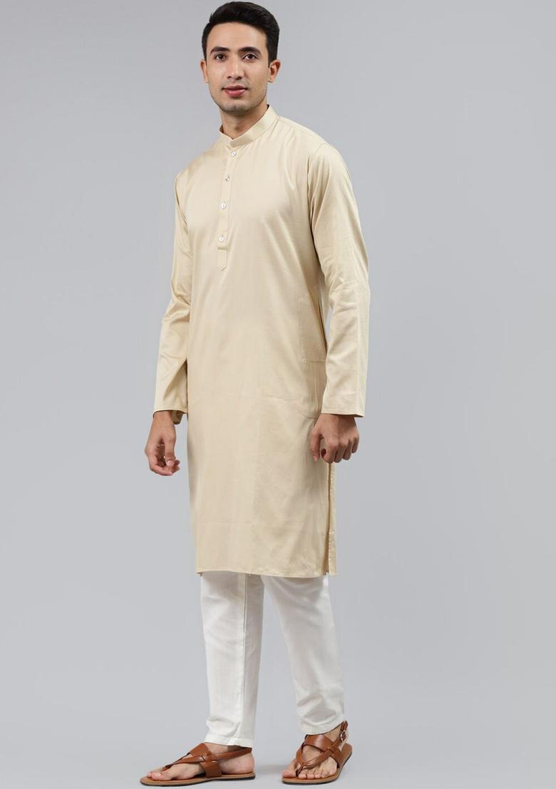 Beige Solid Cotton Kurta Set For Men - Indya