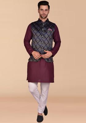 Purple Solid Cotton Kurta Set For Men
