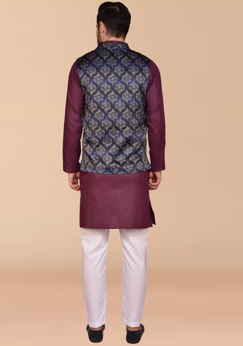 Purple Solid Cotton Kurta Set For Men - Indya