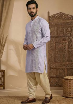 Lavender Embroidered Silk Kurta Set For Men