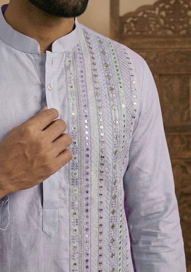 Lavender Embroidered Silk Kurta Set For Men - Indya