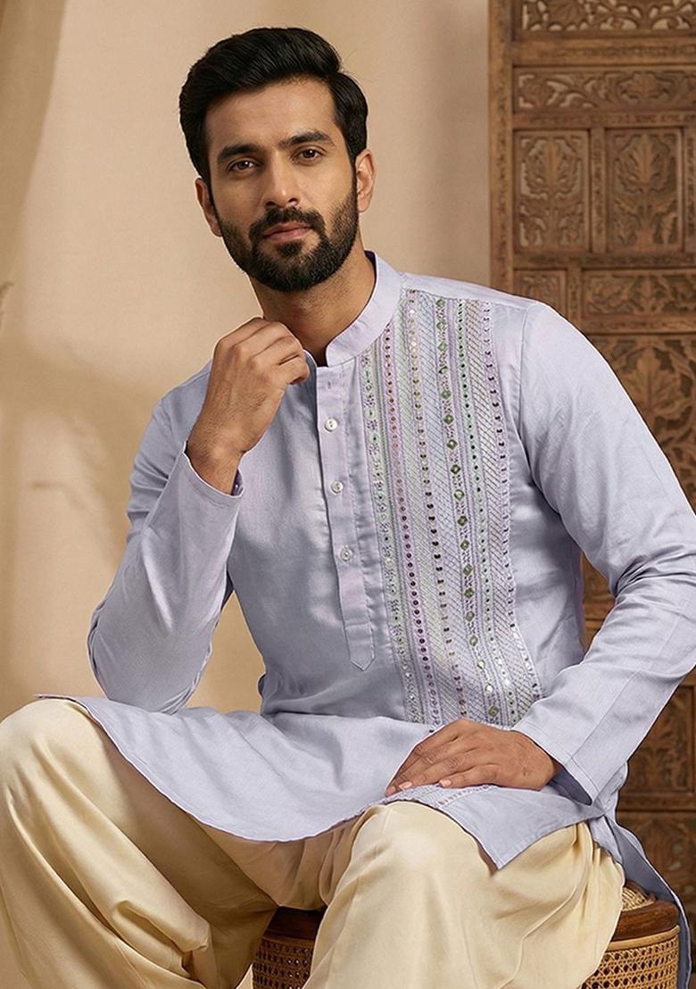 Lavender Embroidered Silk Kurta Set For Men - Indya