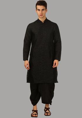 Black Woven Design Silk Kurta Set For Men
