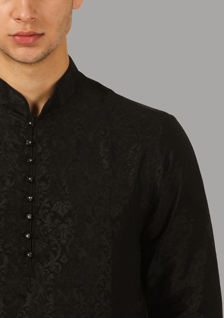 Black Woven Design Silk Kurta Set For Men - Indya