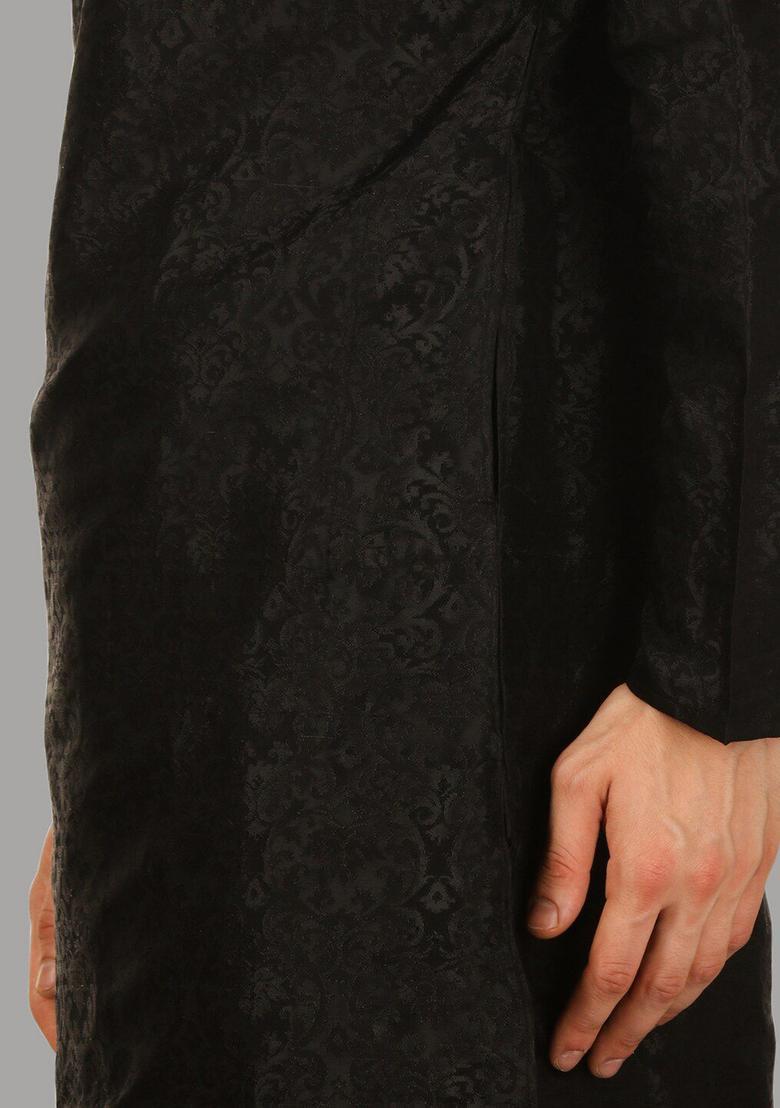 Black Woven Design Silk Kurta Set For Men - Indya