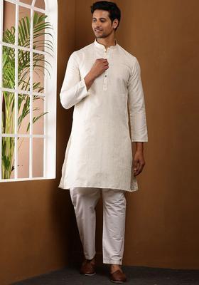 Off White Self Design Viscose Kurta Set For Men