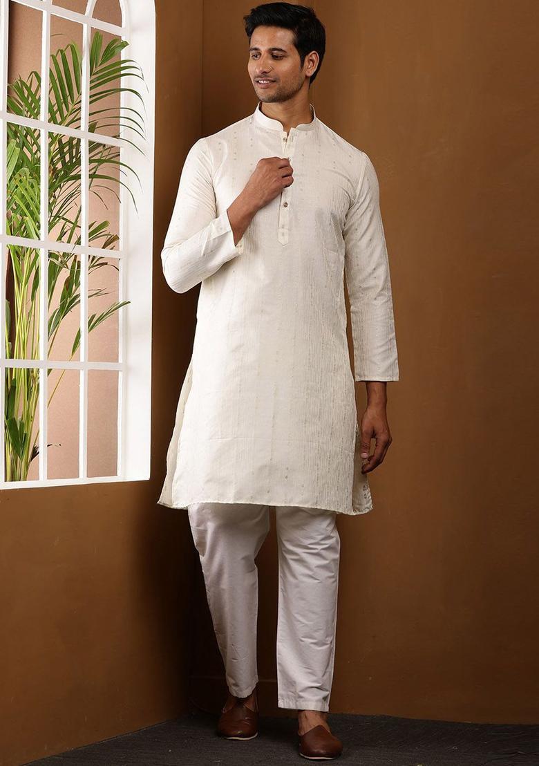 Off White Self Design Viscose Kurta Set For Men - Indya